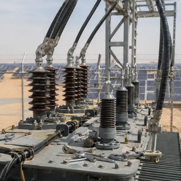 Technicians making high-voltage bushing terminations and gantry connections on a power transformer