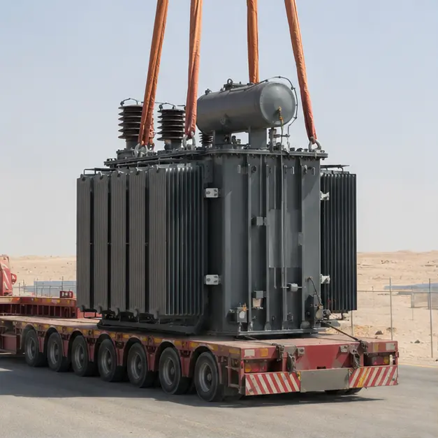 Oil-immersed power transformer on a heavy-haul trailer arriving at a desert solar plant