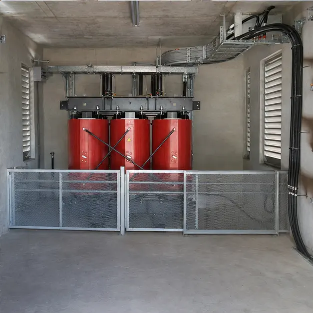 A cast-resin dry-type transformer installed inside a barriered, ventilated indoor transformer room