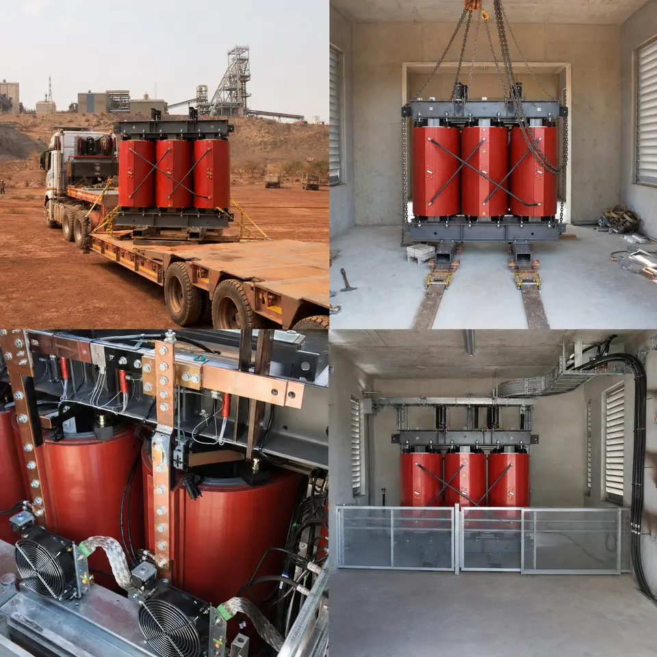 Contact sheet illustrating four stages of a dry-type transformer installation: transport, indoor positioning, busbar and cooling connection, finished transformer room