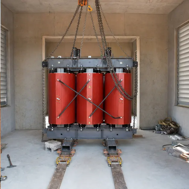 A dry-type transformer being moved into a plant room on skates, with lifting equipment standing by