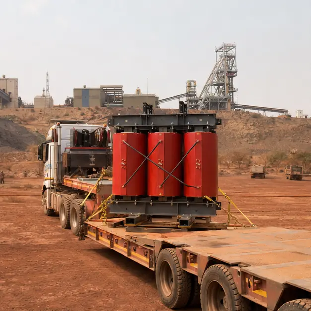 A cast-resin dry-type transformer secured on a heavy transport trailer arriving at a mine surface plant