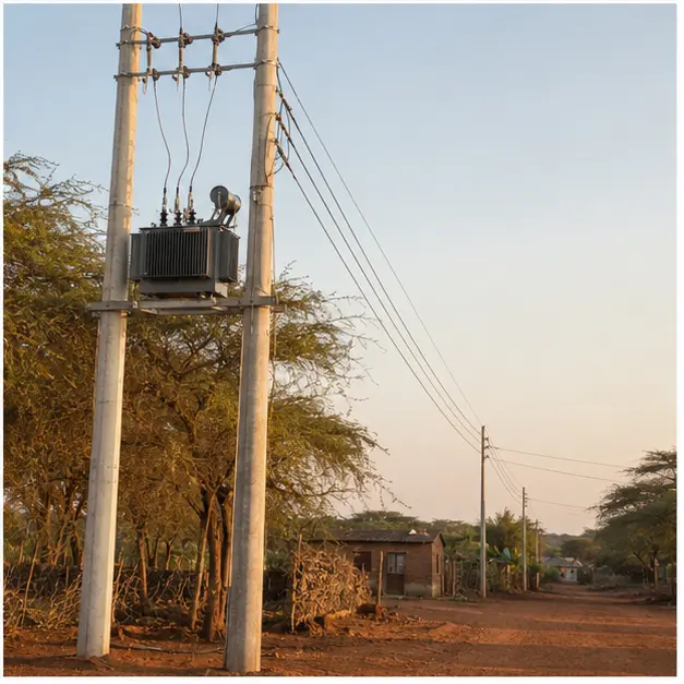 Completed rural overhead distribution line with a pole-mounted transformer serving dispersed loads