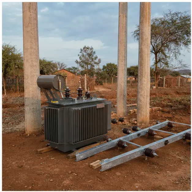 Pole-mounted distribution transformer, insulators, fuses and hardware staged at a rural site