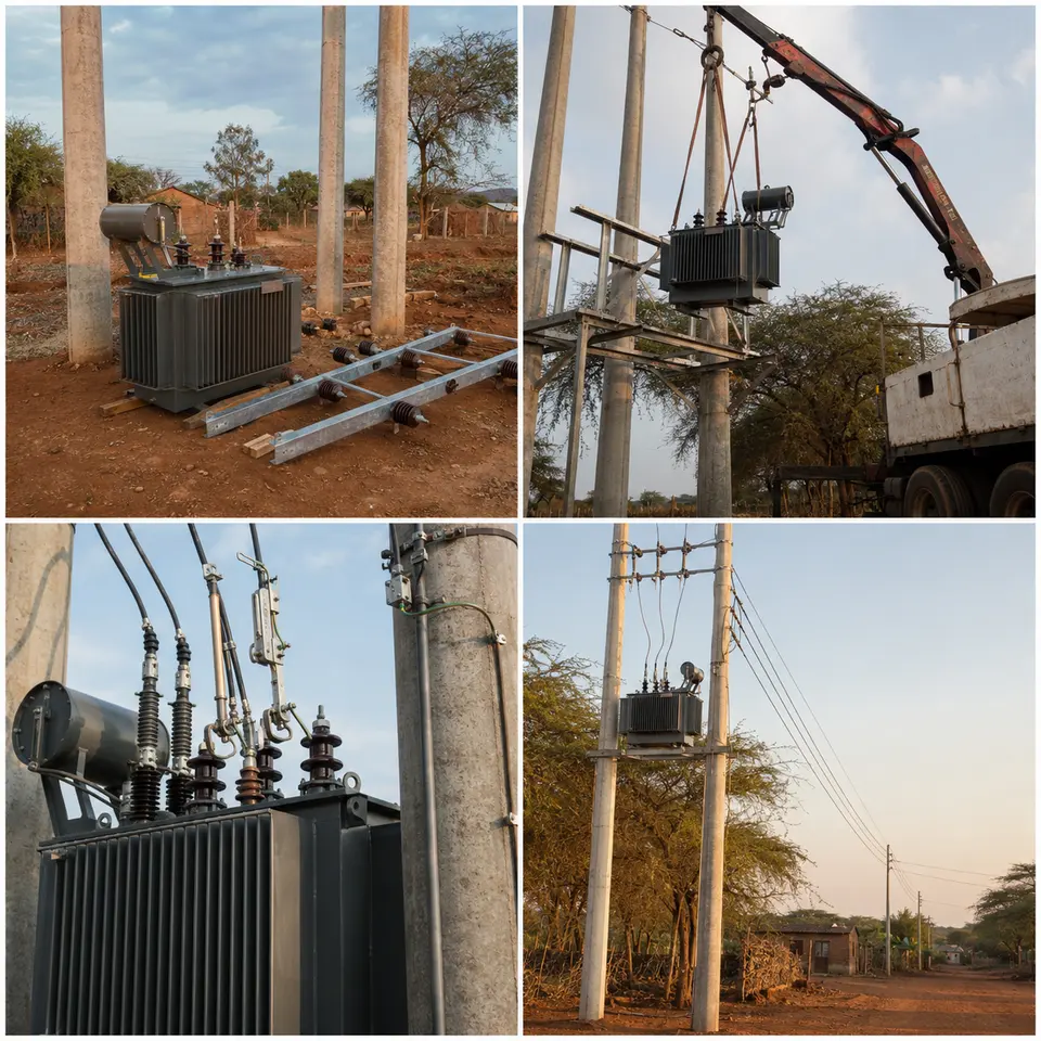 Contact sheet showing four stages of a pole-mounted transformer installation: staging, pole mounting, protection and earthing, completed line