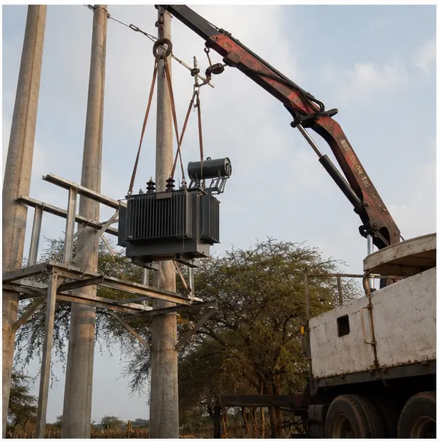 Distribution transformer being lifted onto a pole-mounted platform by a line crew