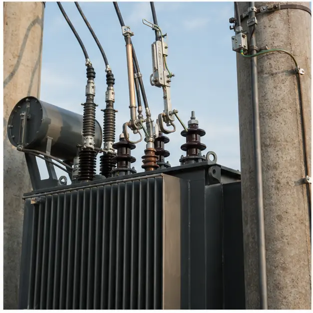 Close view of drop-out fuses, lightning arresters and earthing conductors on a pole-mounted transformer