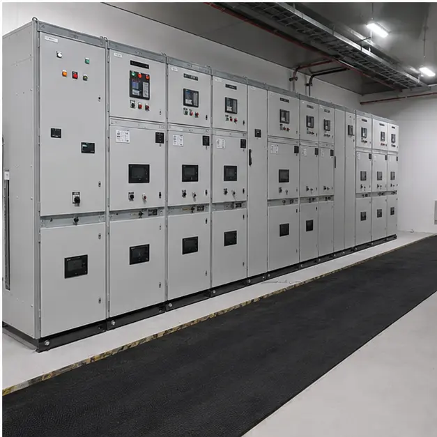 Completed indoor switchgear room with a lineup of metal-clad medium-voltage panels and low-voltage distribution boards