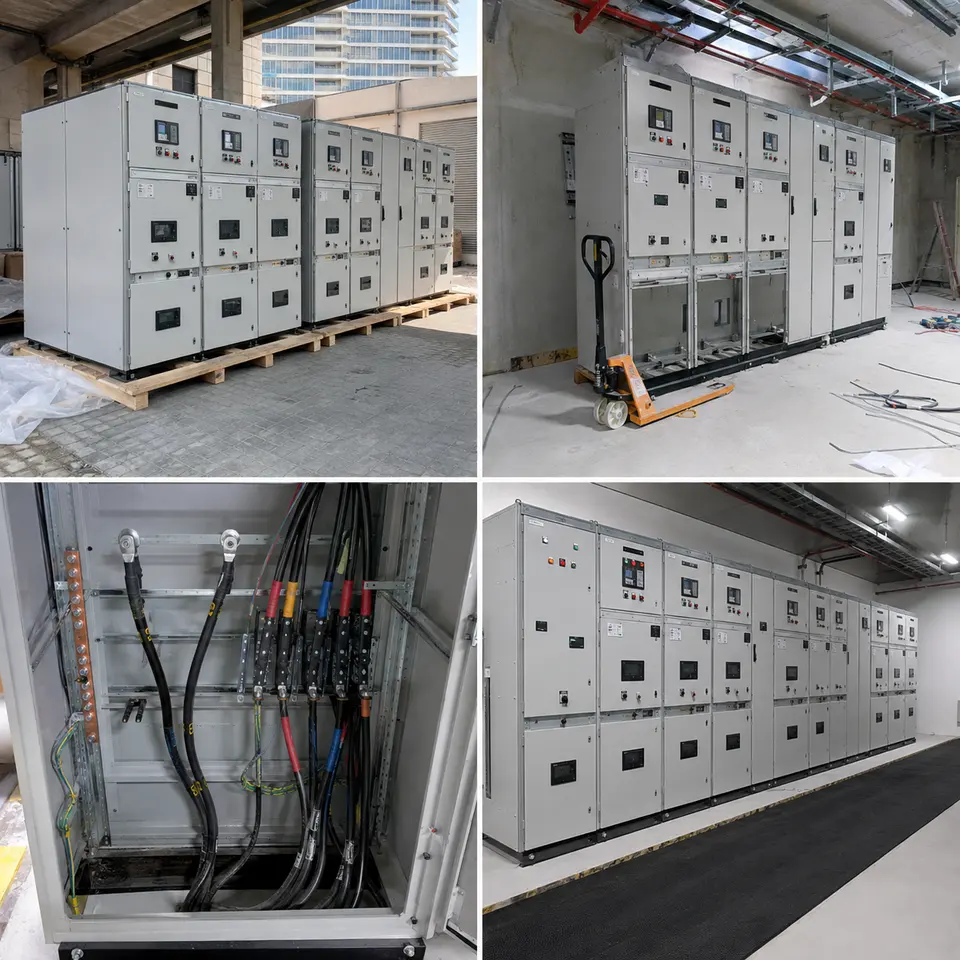 Contact sheet illustrating four stages of an indoor switchgear installation: delivery, panel positioning, cable termination, finished lineup