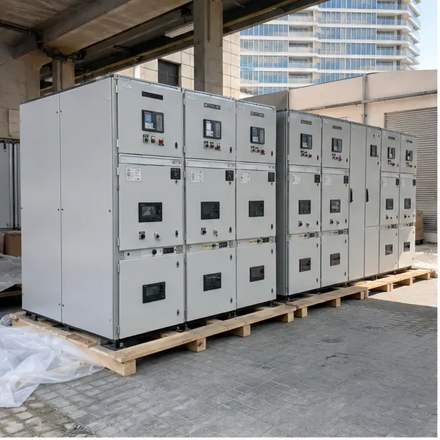 Wrapped medium-voltage switchgear panels being delivered and offloaded for an indoor electrical room
