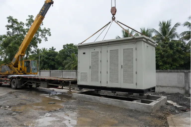 Compact prefabricated substation enclosure being delivered on a flatbed vehicle to an industrial site
