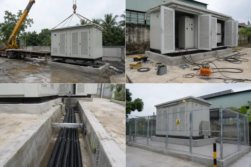 Contact sheet showing four stages of a compact substation installation: delivery, placement and testing, cable and earthing work, completed installation