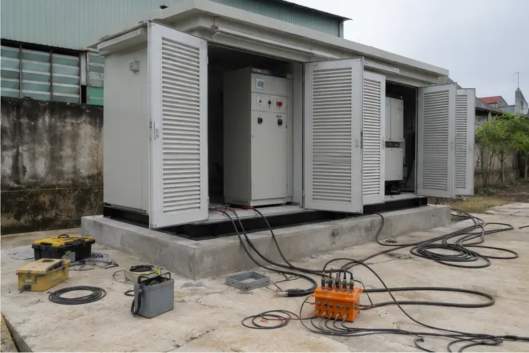 Compact substation being positioned on a concrete foundation with technicians carrying out electrical tests